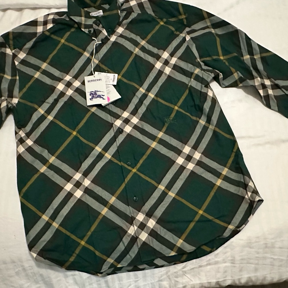 Burberry Men's Shirt in Green and Tan Plaid szM NWT